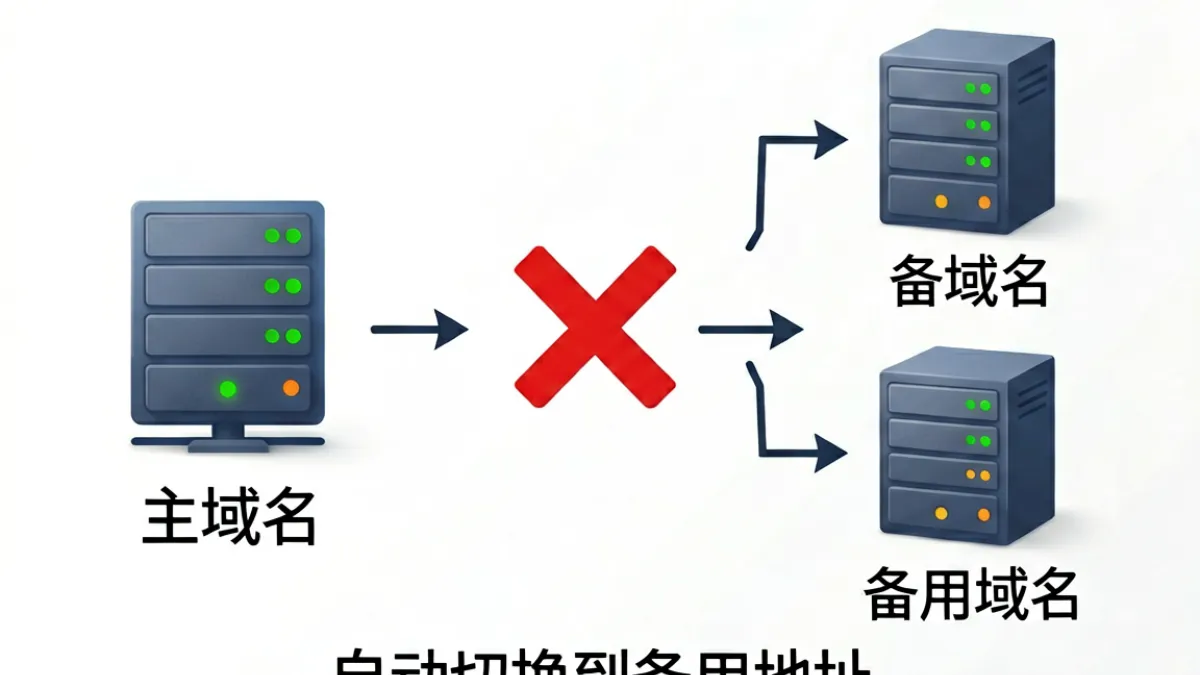 示意图展示域名备份与跳转机制的工作原理，主域名与备用地址之间的路由关系